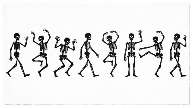 Dancing skeleton silhouettes in a row, festive spooky characters for Halloween design.