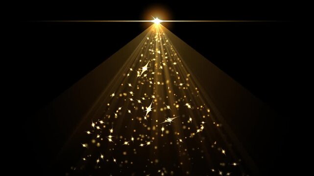 Golden light rays with sparkling stars on black background