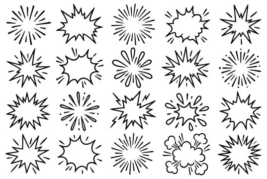 Collection of hand drawn comic book explosion shapes and starburst elements illustrated with thick black ink lines isolated as a digital graphic set on transparent background
