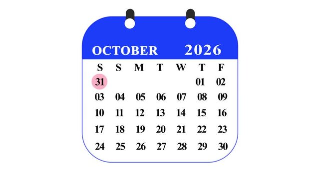 Calendar showing october 2026 with dates and days