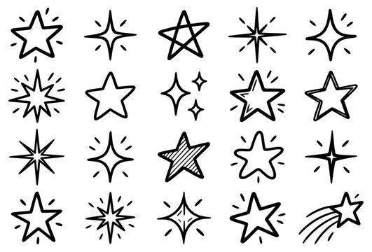 Hand drawn star doodle collection featuring various sparkles and celestial shapes in bold black ink lines for decorative design projects isolated on transparent background