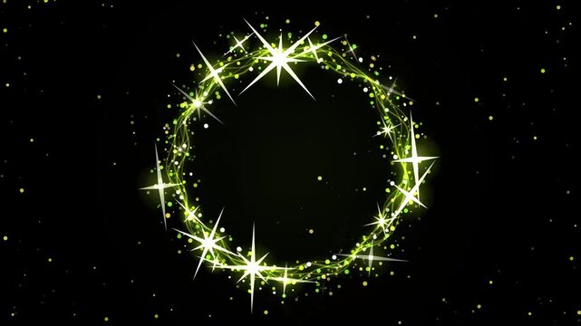 Glowing yellow star particles in a circular frame