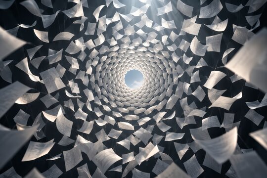 Futuristic vortex of layered geometric shapes spiraling toward a bright center, creating a dramatic abstract tunnel with depth and symmetry.