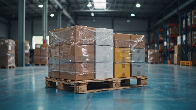 Cardboard boxes stacked on a wooden pallet and covered in clear stretch wrap inside a warehouse