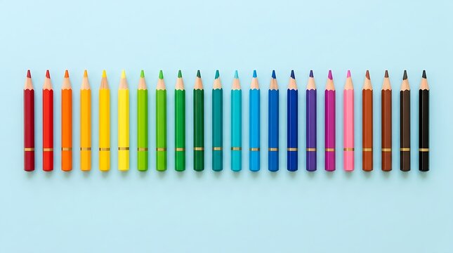 Colorful pencils arranged in a neat row