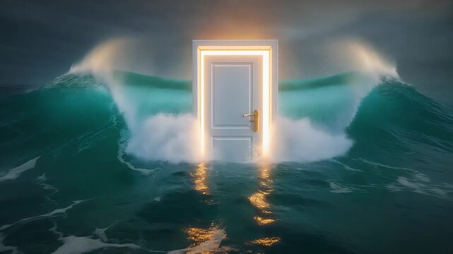 Surreal glowing door standing in the middle of a rough ocean