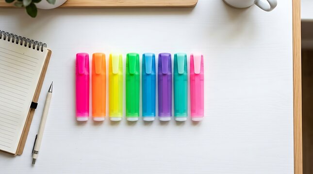 Bright colored highlighters on desk