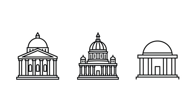 Architectural illustrations of classical government buildings featuring domes and tall columns.