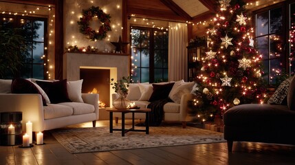 Obraz premium Cozy living room with illuminated Christmas tree, glowing fireplace, candles, plush seating, textured throws, festive decor, warm ambient light, and elegant winter home atmosphere
