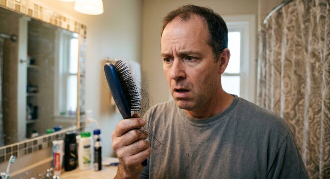 Middle aged man worried about hair loss in bathroom