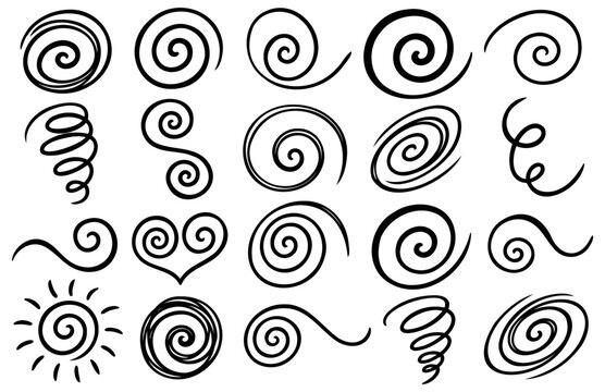 Hand drawn black ink spiral shapes collection featuring various artistic swirls curls loops and decorative doodle strokes isolated for creative graphic design projects on transparent background