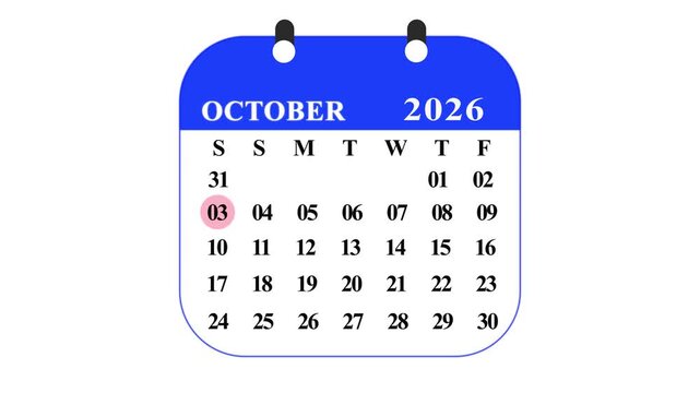 Blue calendar showing october 2026 with dates