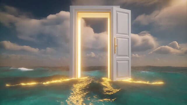 Surreal white door standing in the middle of a vast blue ocean