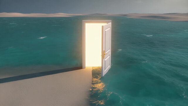 Surreal white door standing in the middle of a desert lake