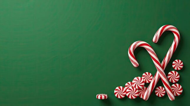 Two traditional red and white peppermint candy canes with small round candies on a dark green background