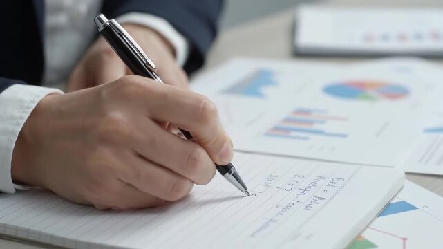 Financial Analyst Reviewing Business Reports and Financial Charts in Office
