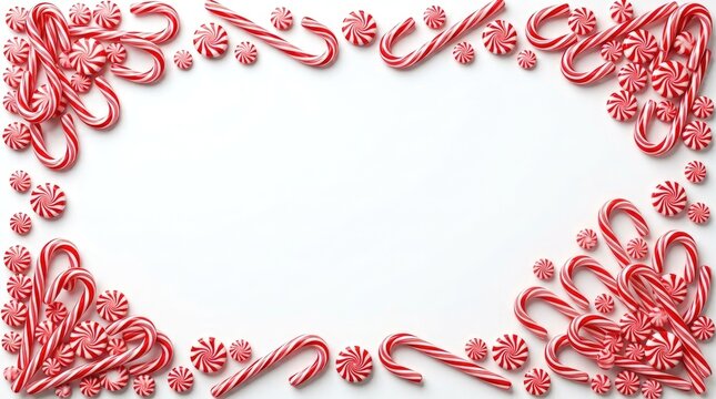 Festive christmas border frame made of red and white candy canes and peppermint candies on white background