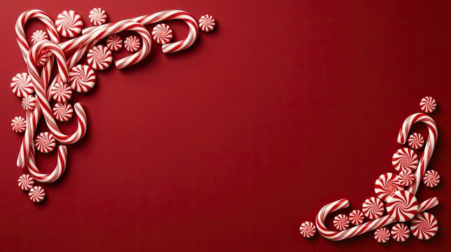 Elegant christmas corner border made of candy canes and snowflakes on a deep red festive holiday background