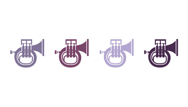 Purple tinted mellophones and small brass instruments shown in monochrome vector icons.