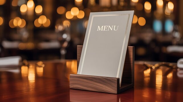 Restaurant menu card standing on a polished wooden table with warm golden bokeh lights in the background, of a luxury, dining room setting