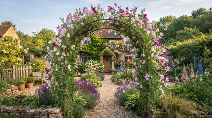Fototapeta premium Beautiful English cottage garden with a blooming flower archway leading to a rustic stone house
