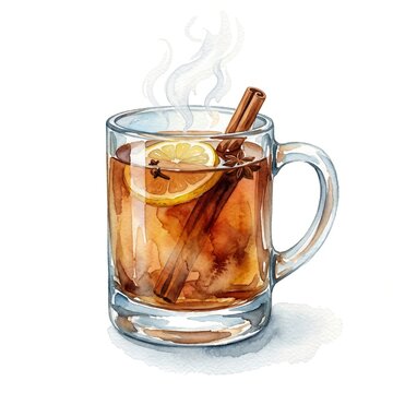Steaming hot grog rum cocktail glass mug lemon clove cinnamon winter warming spirit watercolor clipart isolated