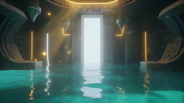 Mystical fantasy temple interior with glowing portal and water