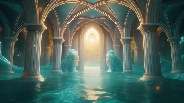Ethereal mystical temple with water and glowing light