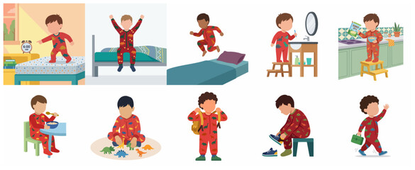 Fototapeta premium Boy Morning Routine Illustration Set with Dinosaur Pajamas