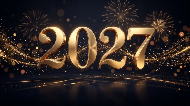 Happy New Year 2014 Celebration Card with Golden Stars, Snowflakes, Fireworks, Winter Decorations and Festive Holiday Greeting Vector Illustration