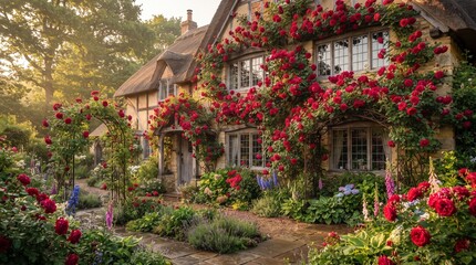 Fototapeta premium Charming Traditional English Country Cottage with Red Climbing Roses and Lush Garden at Sunset