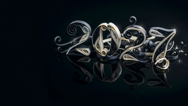 Elegant paper quilling numbers for 2027 in black and cream on a reflective dark surface for greeting cards