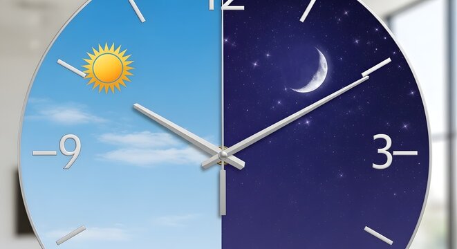 Wall clock showing day and night with sun and moon icons time passing time management
