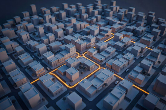 Tilt shift style 3D city model with a glowing street grid lighting up one downtown neighbourhood