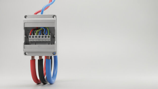 Electrical junction box with red, black, and blue wires exposed