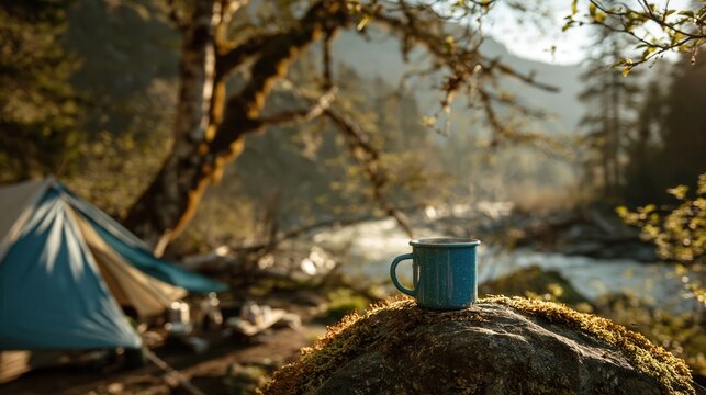 Blue enamel mug resting on mossy rock beside sunlit riverside with blurred tent and trees, creating calm outdoor camping mood with textured foreground, soft water backdrop, and warm natural light