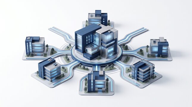 Futuristic smart city model with connected digital buildings, isometric network infrastructure concept, 3D rendering of urban technology hub