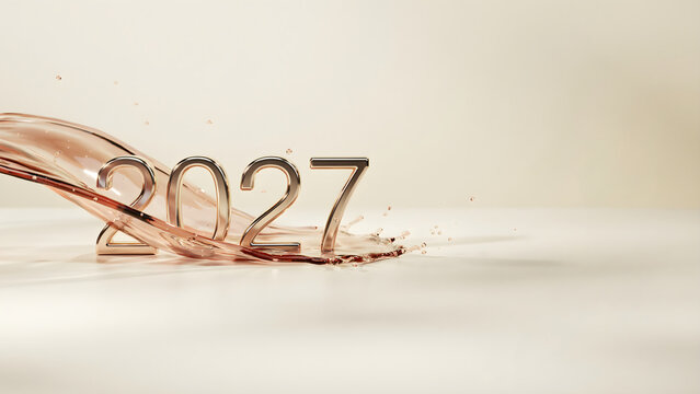 Metallic rose gold 2027 numbers with an elegant champagne liquid splash on a beige studio background for luxury New Year holiday banners