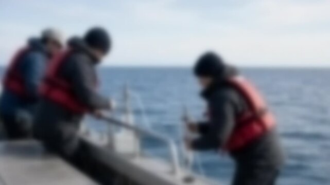 Marine researchers taking water samples on a boat deck, Full Gaussian Blur Abstract