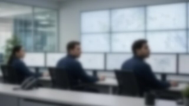 Operators at a bright power grid control room with large screens, Full Gaussian Blur Abstract