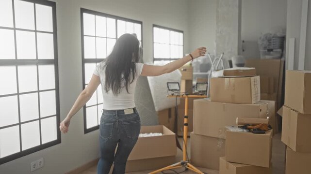 Woman dancing among stacked cardboard moving boxes with arms out and smiling while unpacking in a studio; moving day joy.