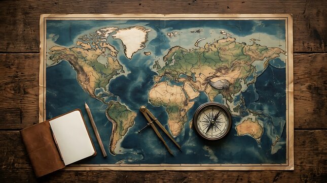 Vintage world map with compass and notebook
