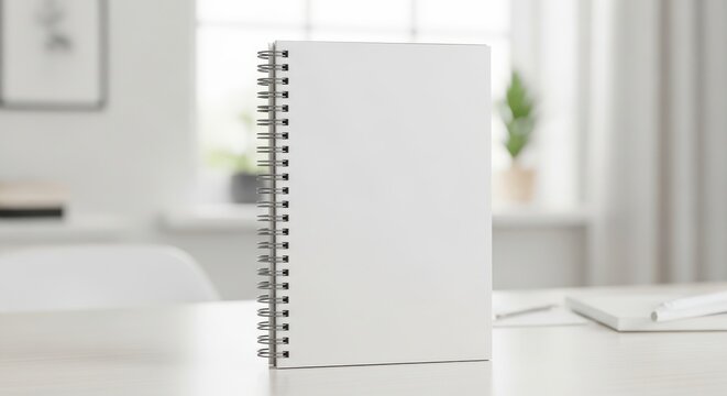 Blank spiral notebook mockup on wooden desk