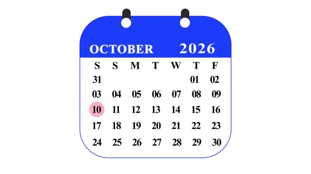 Blue calendar showing october 2026 with dates and days