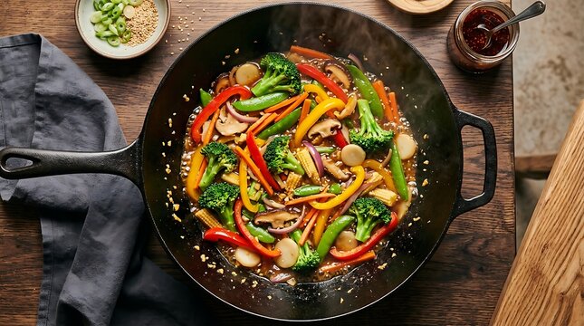 Colorful stir fry vegetables in a black pan