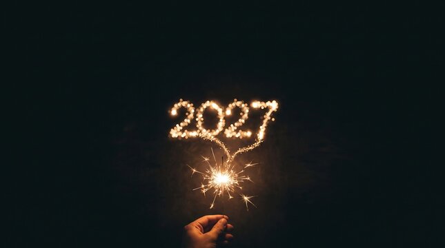 Sparkling 2027 New Year number written with sparkler light. Glowing 2027 firework digits on black background. Festive holiday celebration.