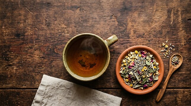 Handmade mug with loose leaf tea on rustic table