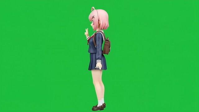 Anime Schoolgirl Collectible Figure in Uniform, Blender 3D Character Rotating on Green Screen