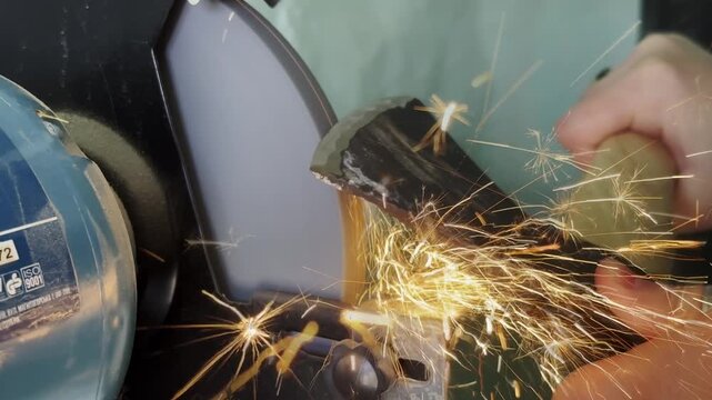 Close up video of an axe being sharpened on a grinding wheel, with sparks flying. The camera remains static, focusing on the sharpening process. Indoor setting with bright lighting.
