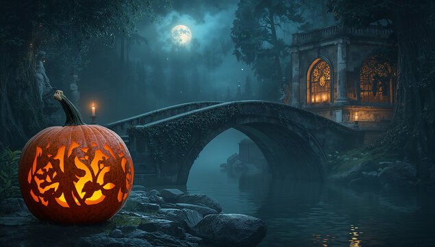 Glowy carved pumpkin on old stone bridge with gothic castle gate at full moon night halloween jackolantern architecture moonlight landscape celebration atmosphere traditional nighttime
